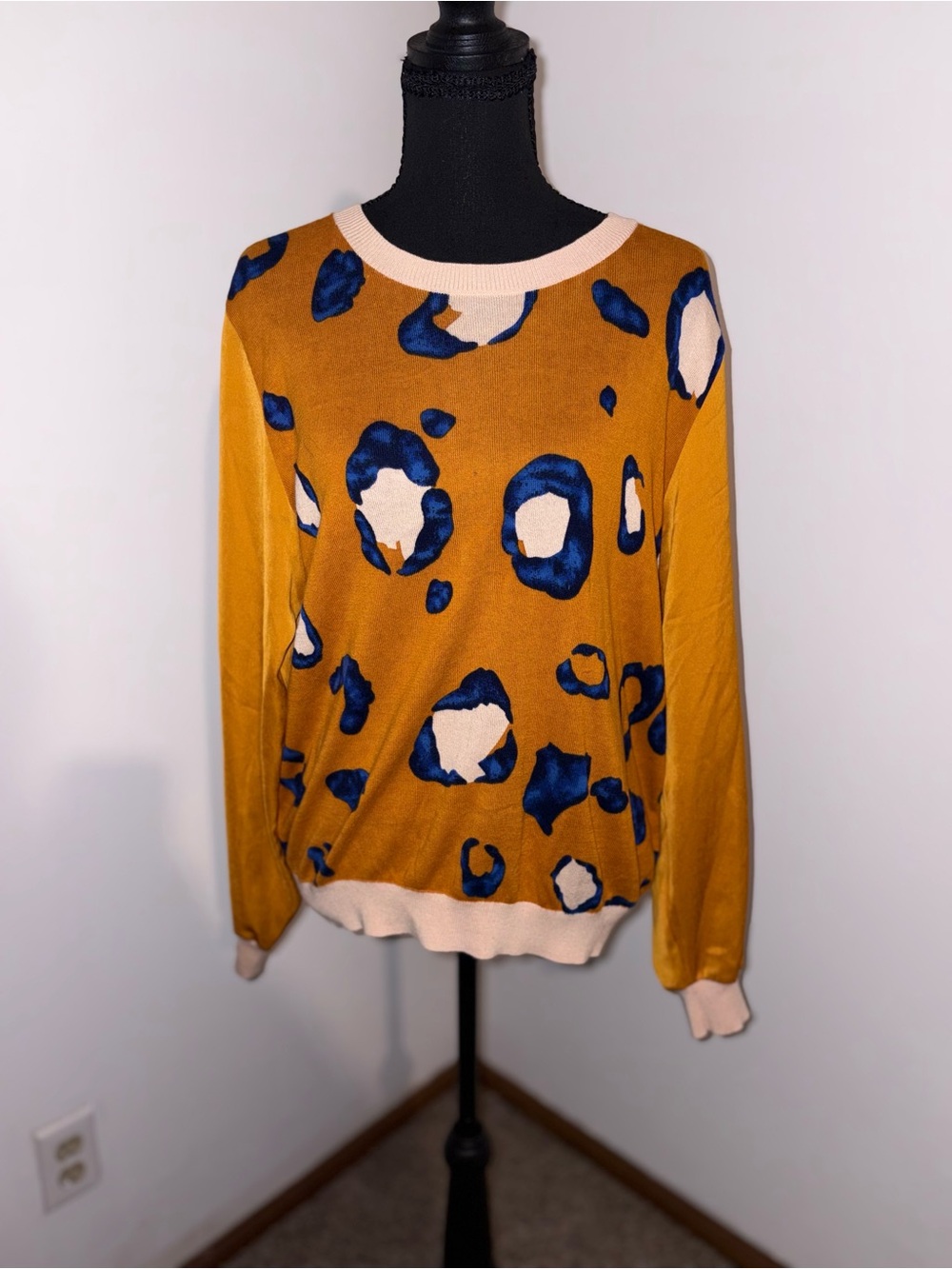 3.1 Phillip Lim Mustard Crewneck Sweater with Navy and Cream Spot Pattern